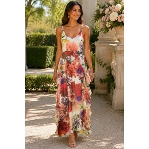Siena Floral Tiered Maxi Dress V-Neck Ruffle Metallic Stripe Multi-Color Size 2